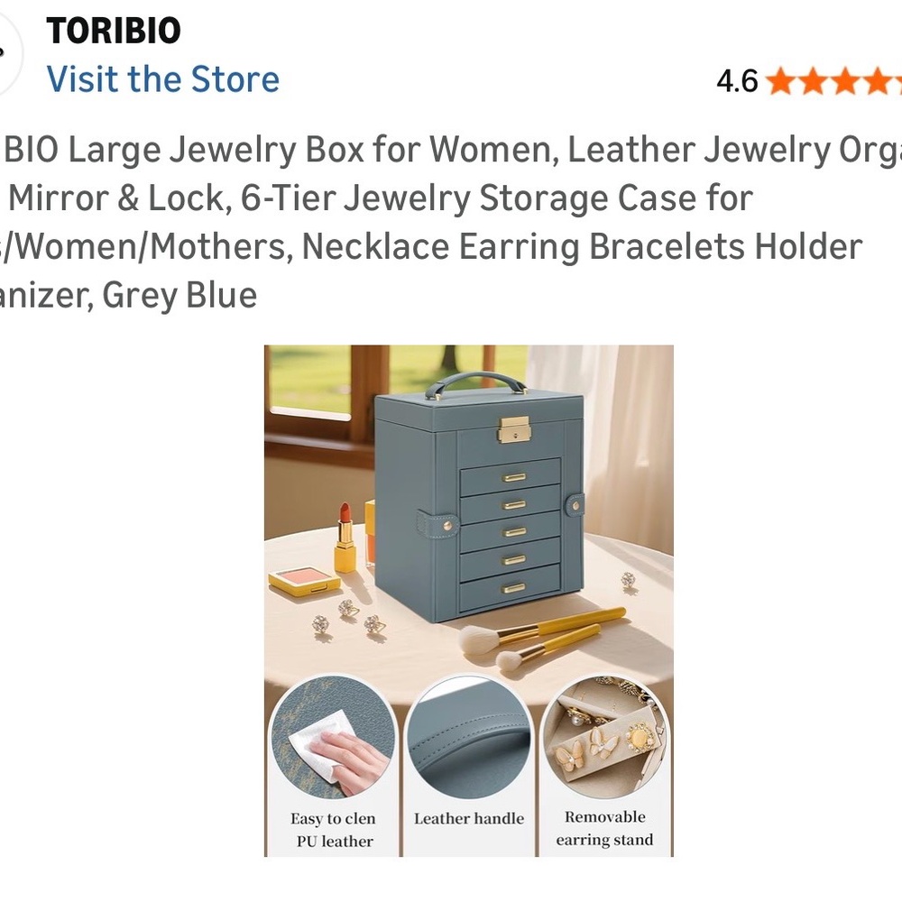 Blue Jewelry Storage Box with Drawers and Handle - Picture 6 of 7